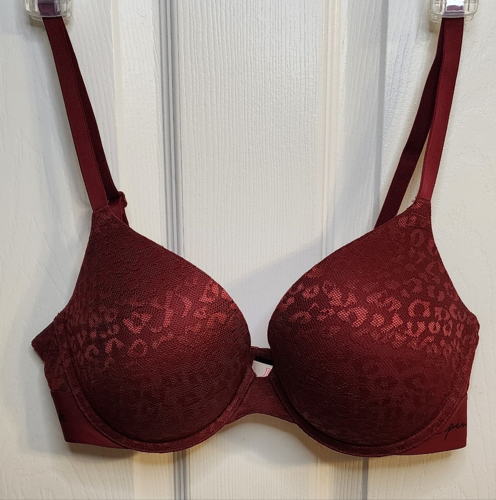 PINK Victoria's Secret 36C Wear Everywhere Push-Up Bra Leopard Lace Dark Red